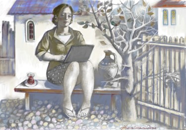 Drawing titled "Girl with a laptop" by Azeriman, Original Artwork, Digital Painting