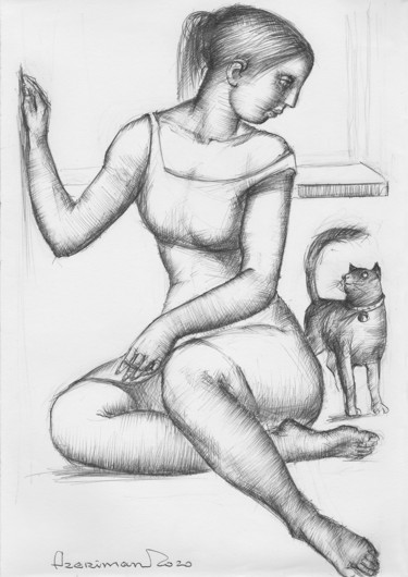 Drawing titled "Girl with a cat" by Azeriman, Original Artwork, Ballpoint pen