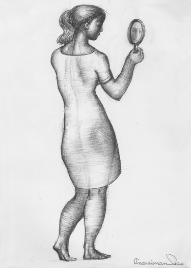Drawing titled "Girl with a mirror" by Azeriman, Original Artwork, Ballpoint pen