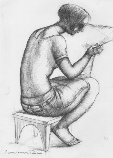 Drawing titled "Reading the  newspa…" by Azeriman, Original Artwork, Ballpoint pen