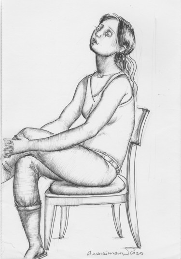 Drawing titled "A sitting girl-1" by Azeriman, Original Artwork, Ballpoint pen