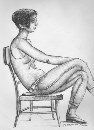 Painting titled "A sitting girl-2" by Azeriman, Original Artwork, Ballpoint pen