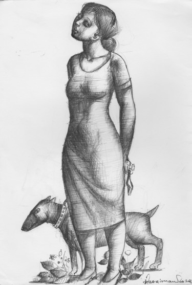 Рисунок под названием "Girl with a dog" - Azeriman, Подлинное произведение искусства, Гелевая ручка