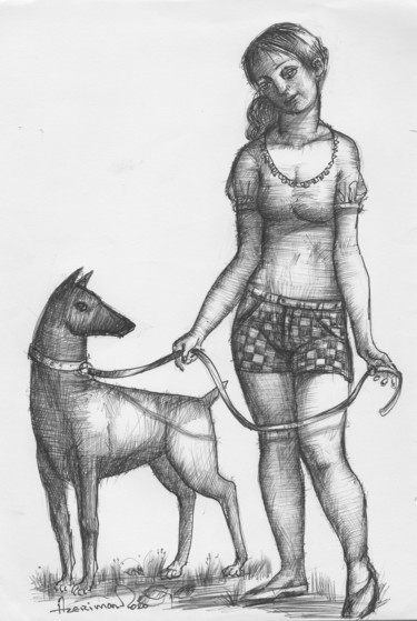 Drawing titled "Girl with a dog-1" by Azeriman, Original Artwork, Gel pen