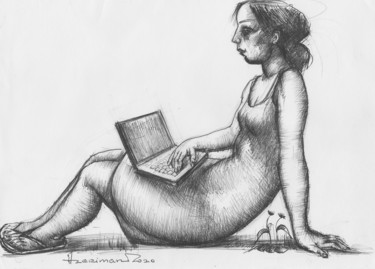 Desenho intitulada "Girl with a laptop-1" por Azeriman, Obras de arte originais, Caneta de gel