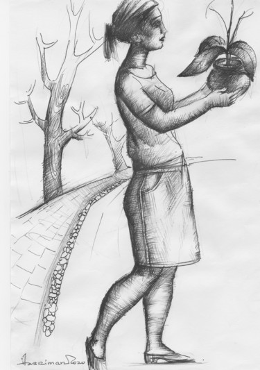 Zeichnungen mit dem Titel "Giril with a plant" von Azeriman, Original-Kunstwerk, Gel Stift