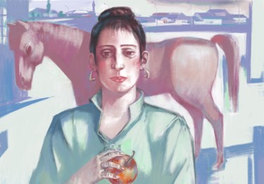 Drawing titled "Girl with an apple-2" by Azeriman, Original Artwork, Digital Painting