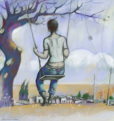 Dessin intitulée "Girl on a swing -3" par Azeriman, Œuvre d'art originale, Peinture numérique
