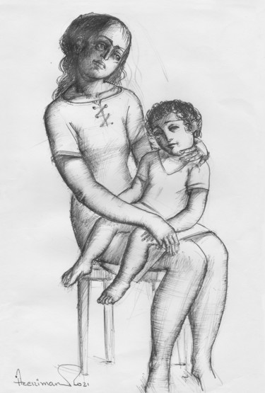 Картина под названием "Mother with a child" - Azeriman, Подлинное произведение искусства, Гелевая ручка