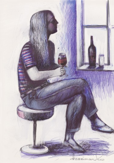 Painting titled "Girl with a glass o…" by Azeriman, Original Artwork, Gel pen