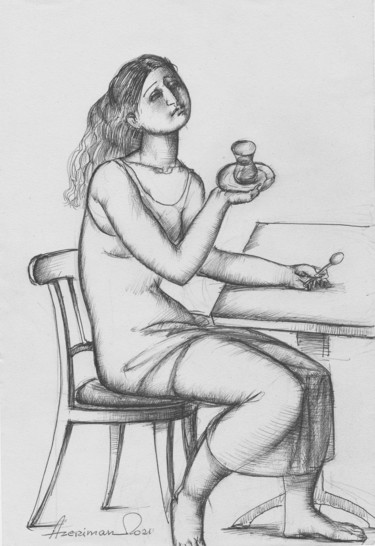 Drawing titled "Giril a glass of tea" by Azeriman, Original Artwork, Gel pen