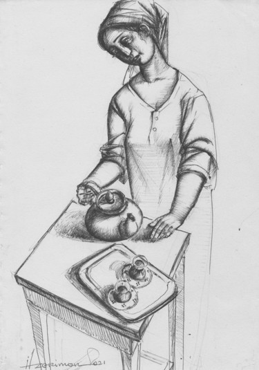 Drawing titled "The girl makes tea" by Azeriman, Original Artwork, Ballpoint pen