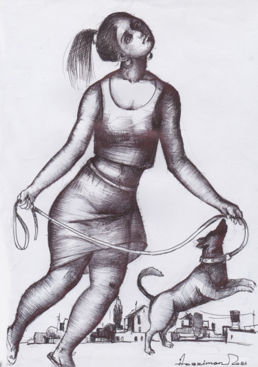 Drawing titled "Running girl with d…" by Azeriman, Original Artwork, Ballpoint pen
