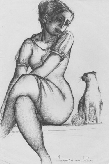 Drawing titled "Girl with a cat-5" by Azeriman, Original Artwork, Ballpoint pen