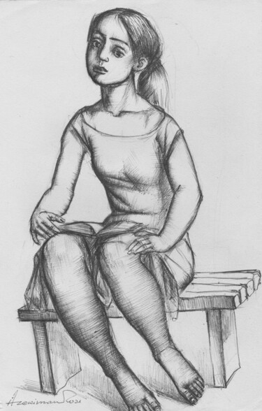 Drawing titled "Girl with a book" by Azeriman, Original Artwork, Ballpoint pen