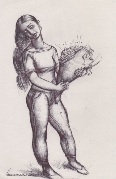 Drawing titled "With a bouquet of f…" by Azeriman, Original Artwork, Gel pen