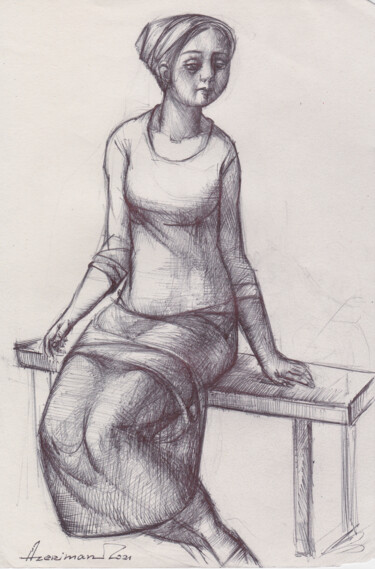 Рисунок под названием "Sitting on a bench" - Azeriman, Подлинное произведение искусства, Шариковая ручка