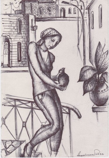 Drawing titled "In the courtyard" by Azeriman, Original Artwork, Ballpoint pen