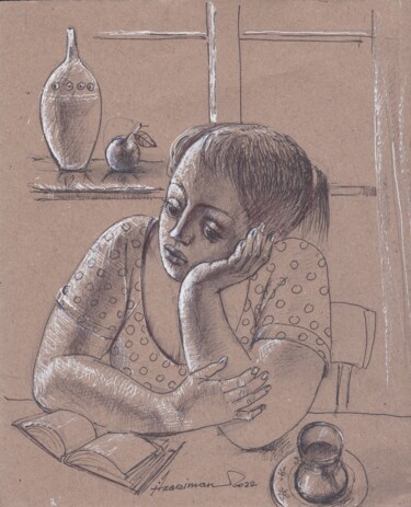 Drawing titled "Reading-4" by Azeriman, Original Artwork, Ballpoint pen