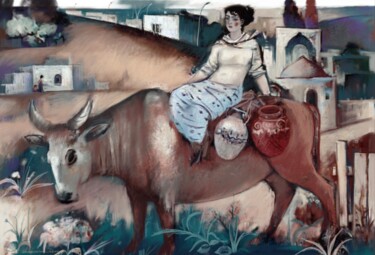 Painting titled "Girl on the bull-5" by Azeriman, Original Artwork, Digital Painting