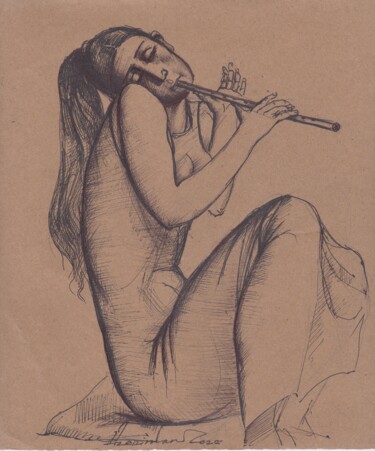 Dessin intitulée "Flute playing-2" par Azeriman, Œuvre d'art originale, Stylo gel