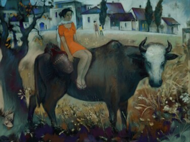 Malerei mit dem Titel "Girl on the bull-4" von Azeriman, Original-Kunstwerk, Digitale Malerei