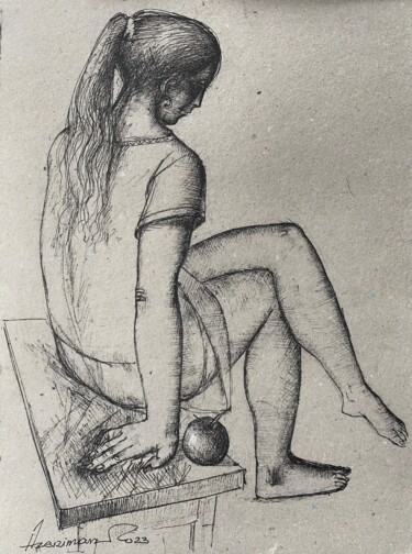 Рисунок под названием "Girl with an apple-5" - Azeriman, Подлинное произведение искусства, Шариковая ручка