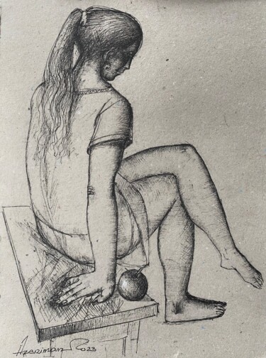 Disegno intitolato "Girl with an apple-5" da Azeriman, Opera d'arte originale, Biro