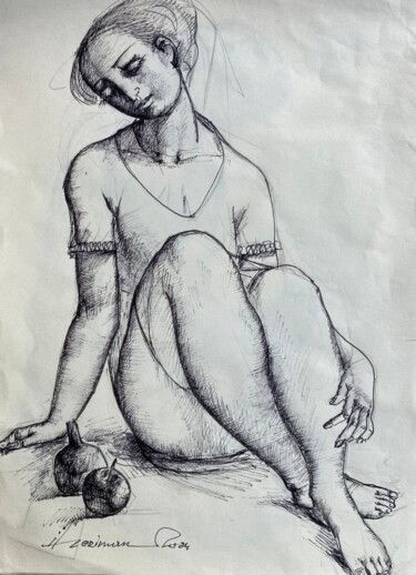 Zeichnungen mit dem Titel "Sitting woman" von Azeriman, Original-Kunstwerk, Gel Stift