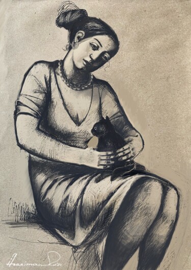 Zeichnungen mit dem Titel "Girl with a cat-3" von Azeriman, Original-Kunstwerk, Gel Stift