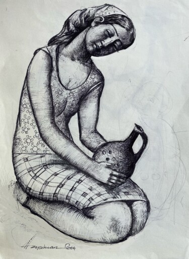 Desenho intitulada "Girl with a jug" por Azeriman, Obras de arte originais, Tinta
