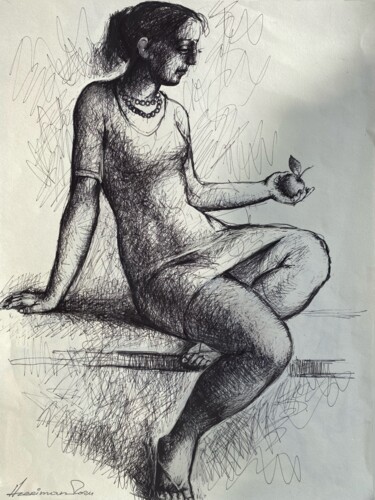 Drawing titled "Girl with an apple-6" by Azeriman, Original Artwork, Ink