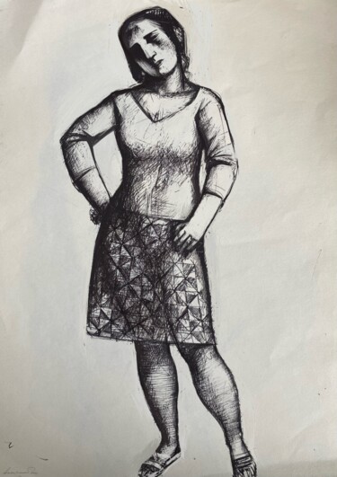 Рисунок под названием "Standing woman" - Azeriman, Подлинное произведение искусства, Чернила