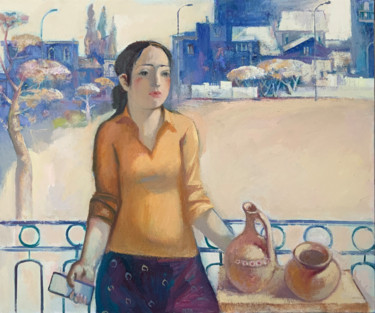 Painting titled "Girl on balcony" by Azeriman, Original Artwork, Oil