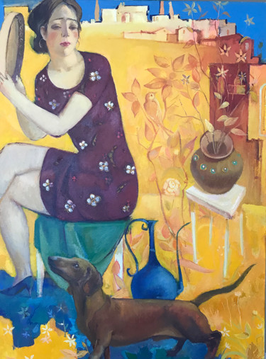 Painting titled "The woman with a ta…" by Azeriman, Original Artwork, Oil