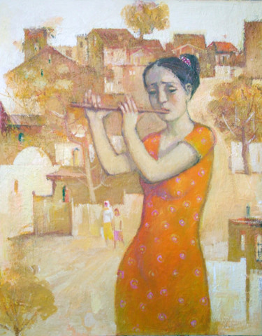 Картина под названием "The girl with a  fl…" - Azeriman, Подлинное произведение искусства, Акрил
