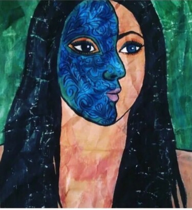 Pintura intitulada "The blue mask" por Azhara Aribzhan, Obras de arte originais, Guache