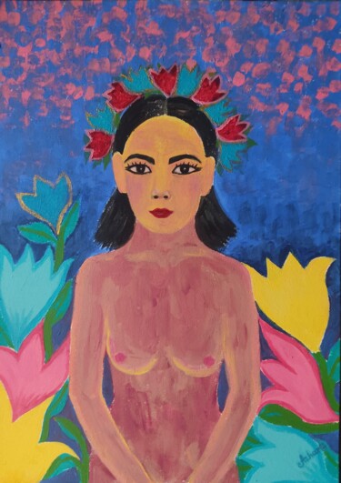 Картина под названием "In flowers" - Azhara Aribzhan, Подлинное произведение искусства, Акрил