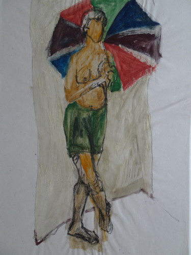 Painting titled "Akt mit Schirm" by Agnes Zirke, Original Artwork, Tempera