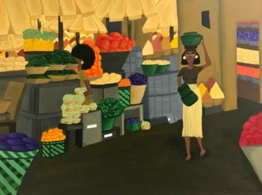 Painting titled "Au marché central" by Aziza Siankam, Original Artwork, Acrylic