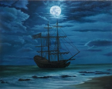 Painting titled "Ночь на море" by Azizbek, Original Artwork, Oil Mounted on Wood Stretcher frame