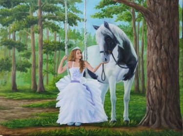 Painting titled "Девушка с лошадью" by Azizbek, Original Artwork, Oil Mounted on Wood Stretcher frame
