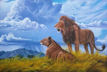 Painting titled "Lions" by Azizbek, Original Artwork, Oil