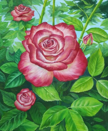 Painting titled "Rose" by Azizbek, Original Artwork, Oil Mounted on Wood Stretcher frame