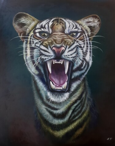 Painting titled "Tiger" by Azizbek, Original Artwork, Oil Mounted on Wood Stretcher frame