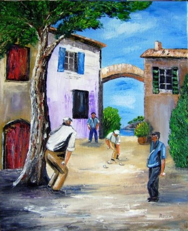 Painting titled "Partie de pétanque" by Sylvestre Aznar, Original Artwork