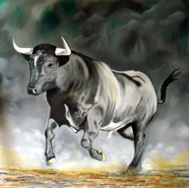 Painting titled "Taureau Camarguais 2" by Sylvestre Aznar, Original Artwork, Oil
