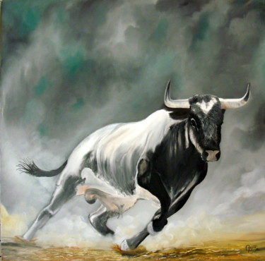 Painting titled "Taureau Camarguais 1" by Sylvestre Aznar, Original Artwork, Oil
