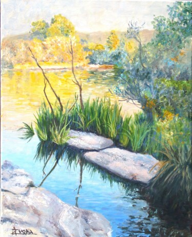Painting titled "Summer at the river" by Azucena, Original Artwork, Oil Mounted on Wood Stretcher frame