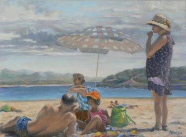 Painting titled "A la plage, en fami…" by Azucena, Original Artwork, Oil Mounted on Wood Stretcher frame